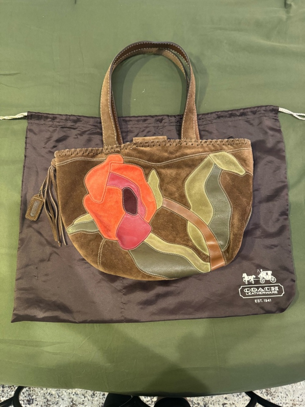 Authentic Coach POPPY Brown Suede Tote with Red and Pink Floral Appliqué